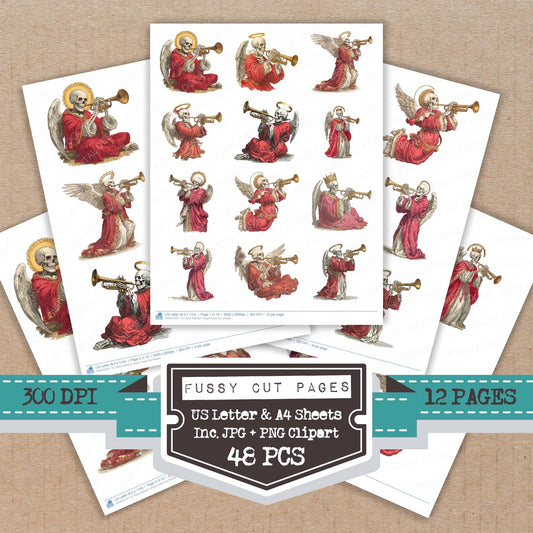 Retro Skeleton Angel fussy cut printable sheets for junk journaling, scrapbooking, and paper craft projects