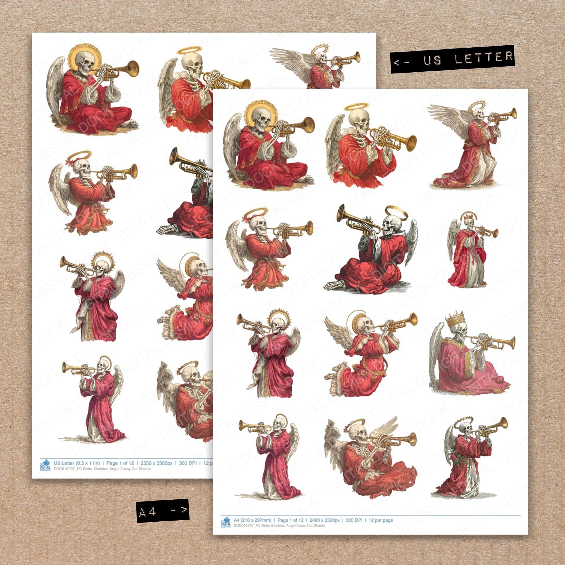 A4 and US Letter format comparison showing Retro Skeleton Angel fussy cut pages for print and cut crafting
