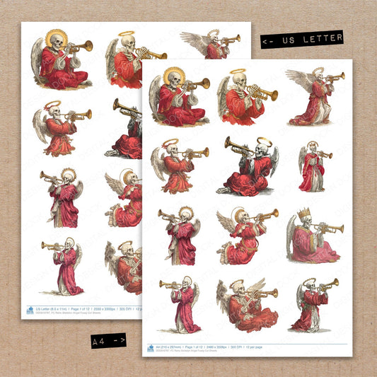 A4 and US Letter format comparison showing Retro Skeleton Angel fussy cut pages for print and cut crafting