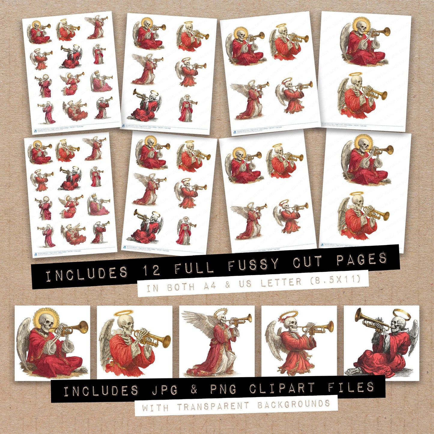 Full collection view of Retro Skeleton Angel fussy cut sheets with bonus clipart JPG and PNG files