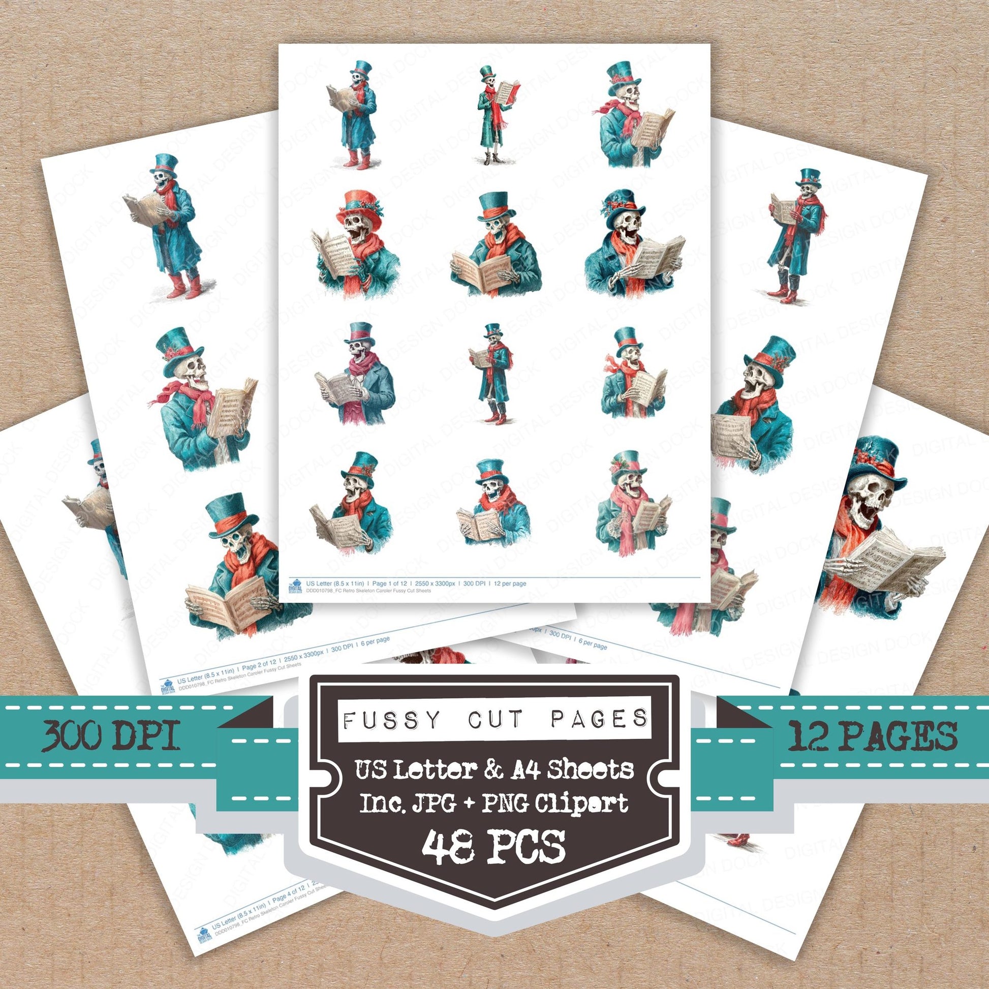 Retro Skeleton Caroler fussy cut printable sheets for junk journaling, scrapbooking, and paper craft projects