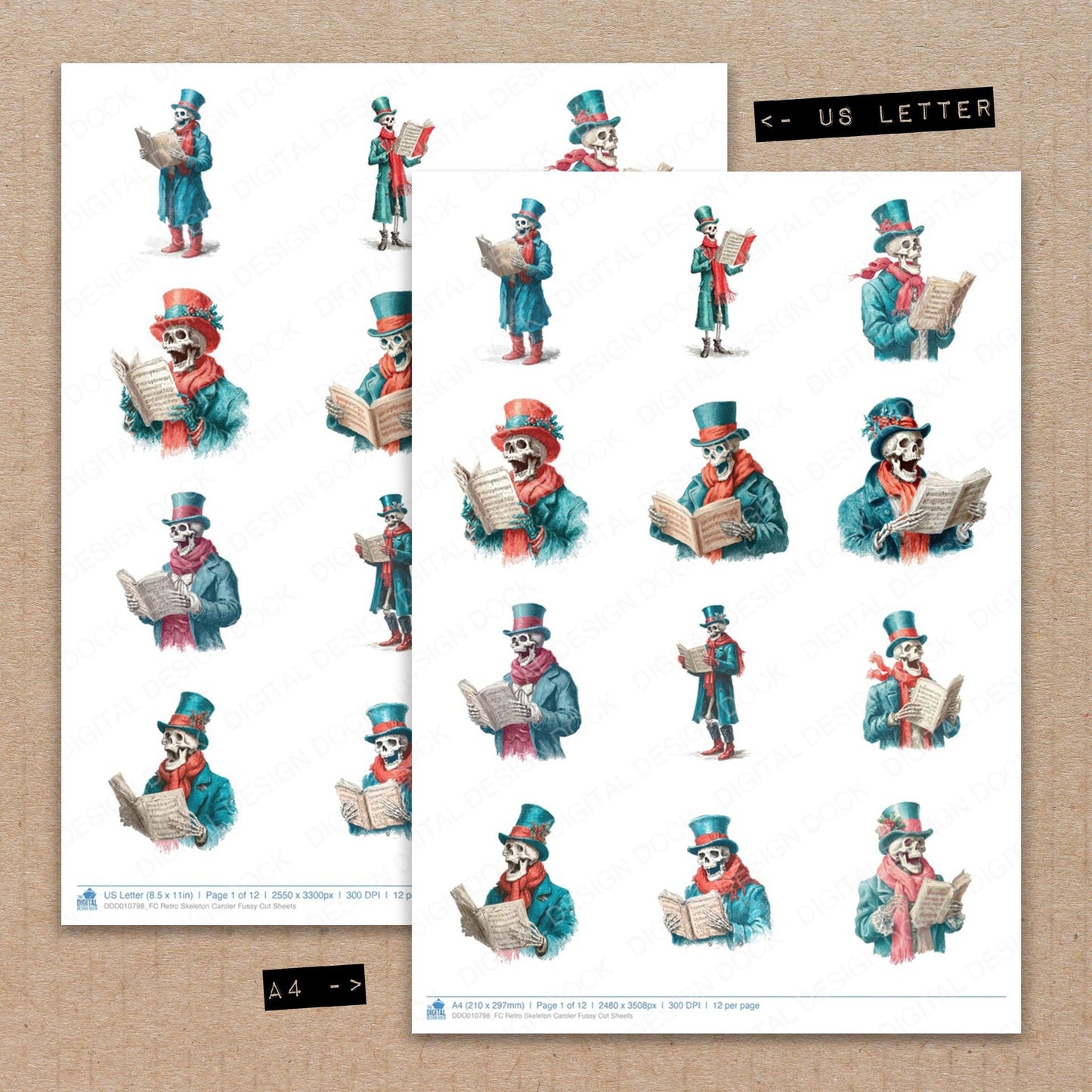 A4 and US Letter format comparison showing Retro Skeleton Caroler fussy cut pages for print and cut crafting