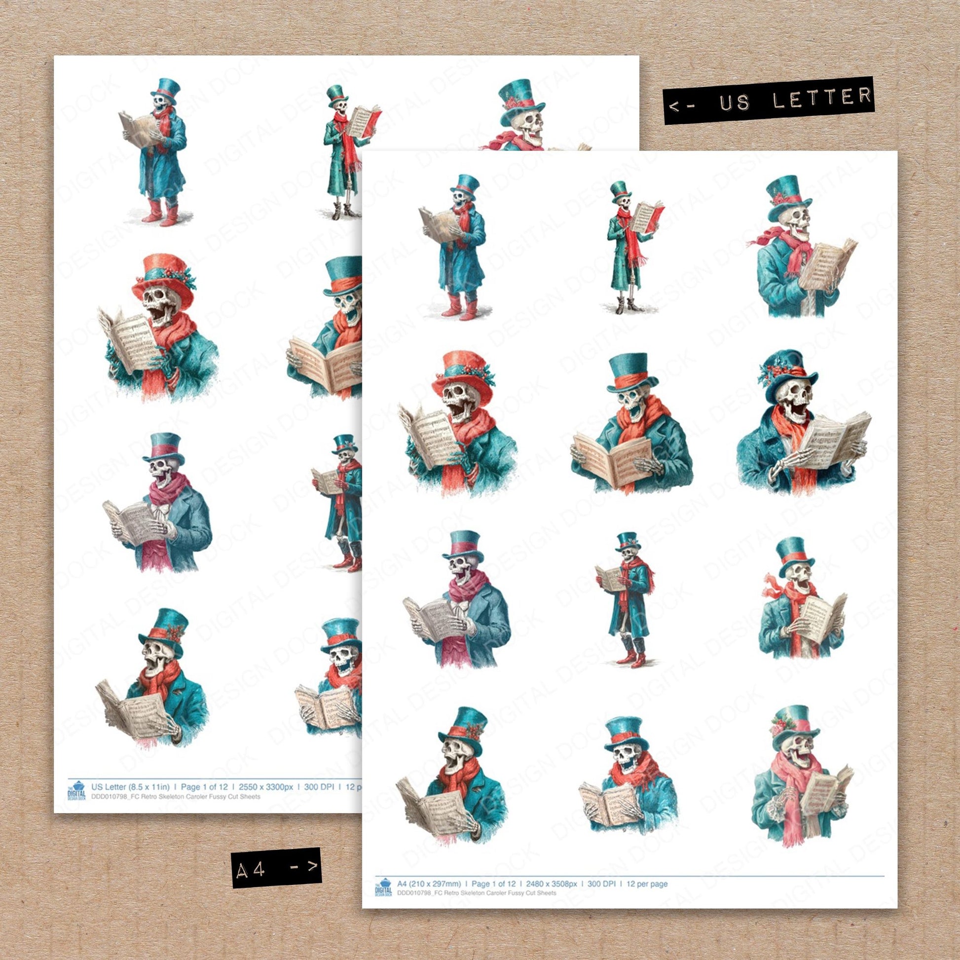 A4 and US Letter format comparison showing Retro Skeleton Caroler fussy cut pages for print and cut crafting