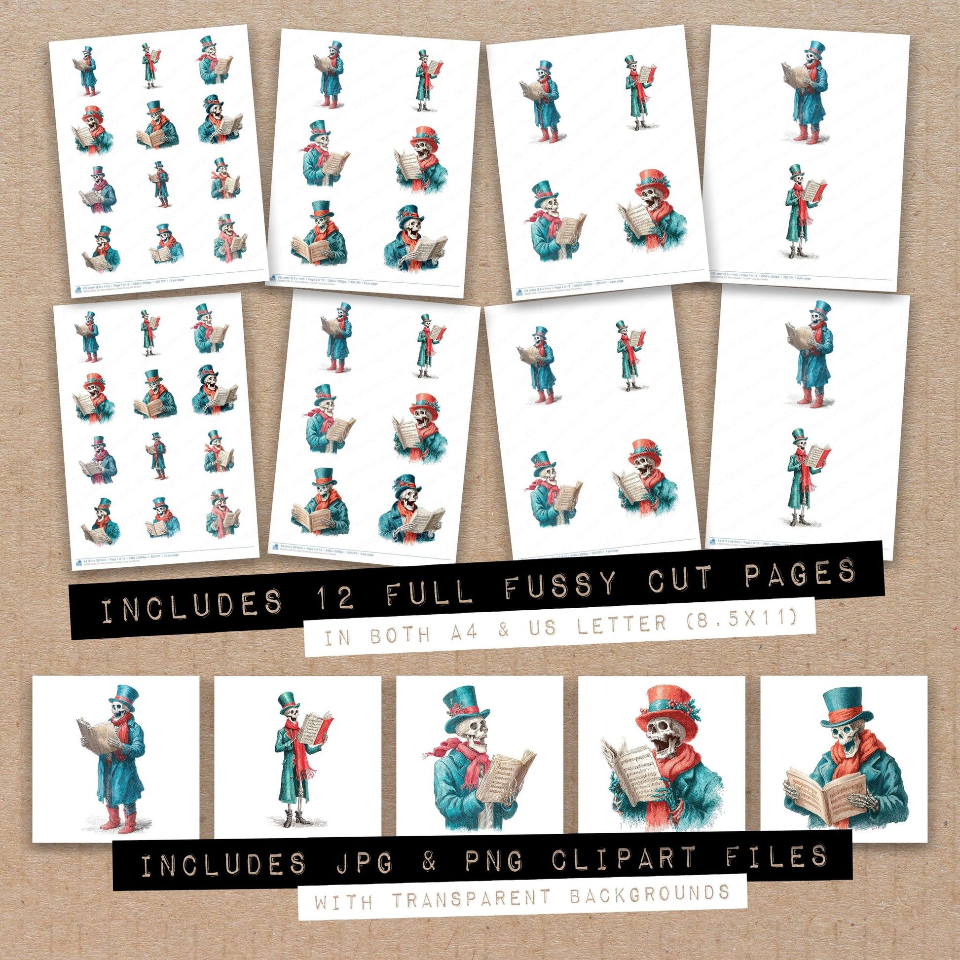 Full collection view of Retro Skeleton Caroler fussy cut sheets with bonus clipart JPG and PNG files