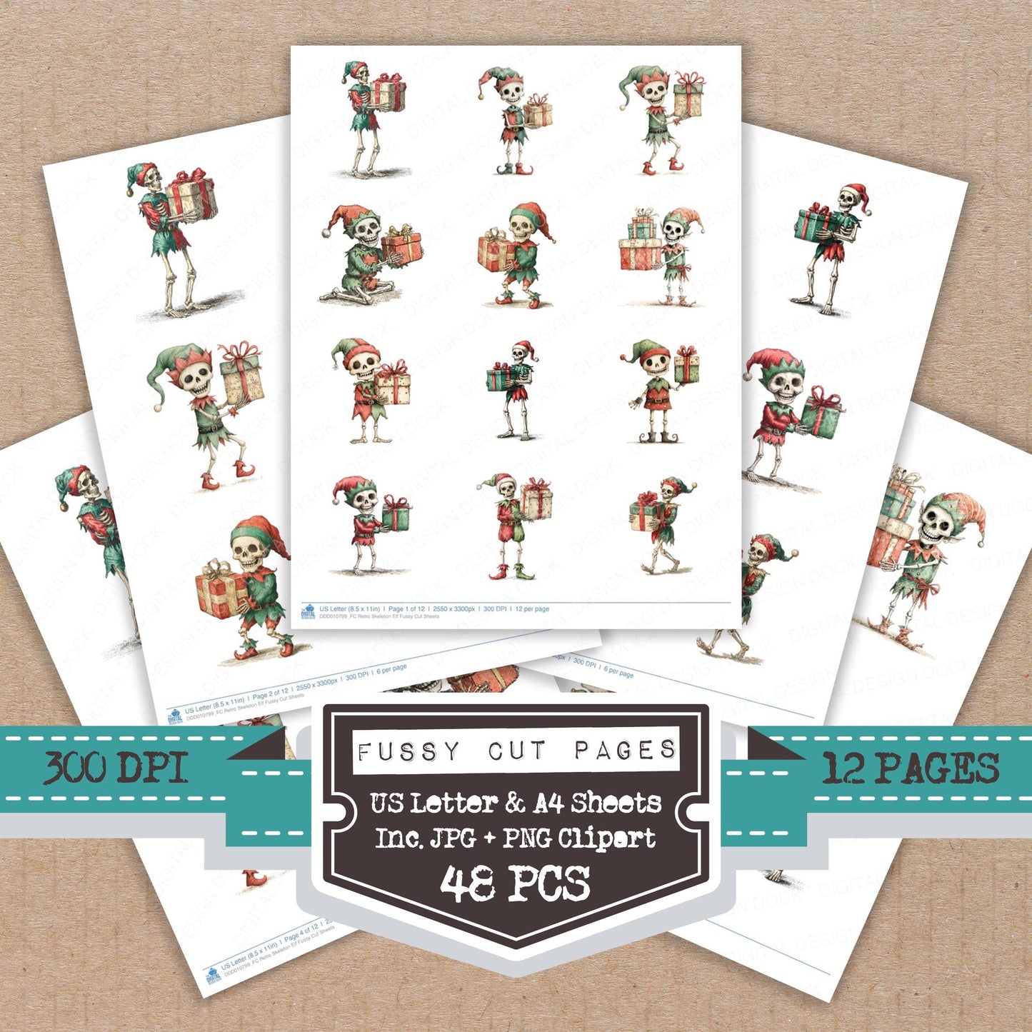 Retro Skeleton Elf fussy cut printable sheets for junk journaling, scrapbooking, and paper craft projects