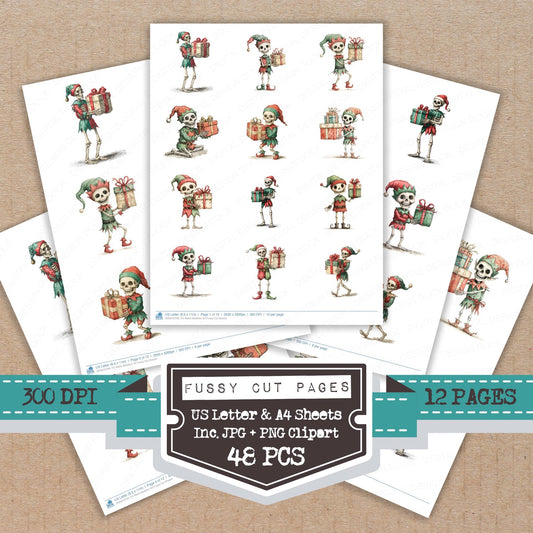Retro Skeleton Elf fussy cut printable sheets for junk journaling, scrapbooking, and paper craft projects