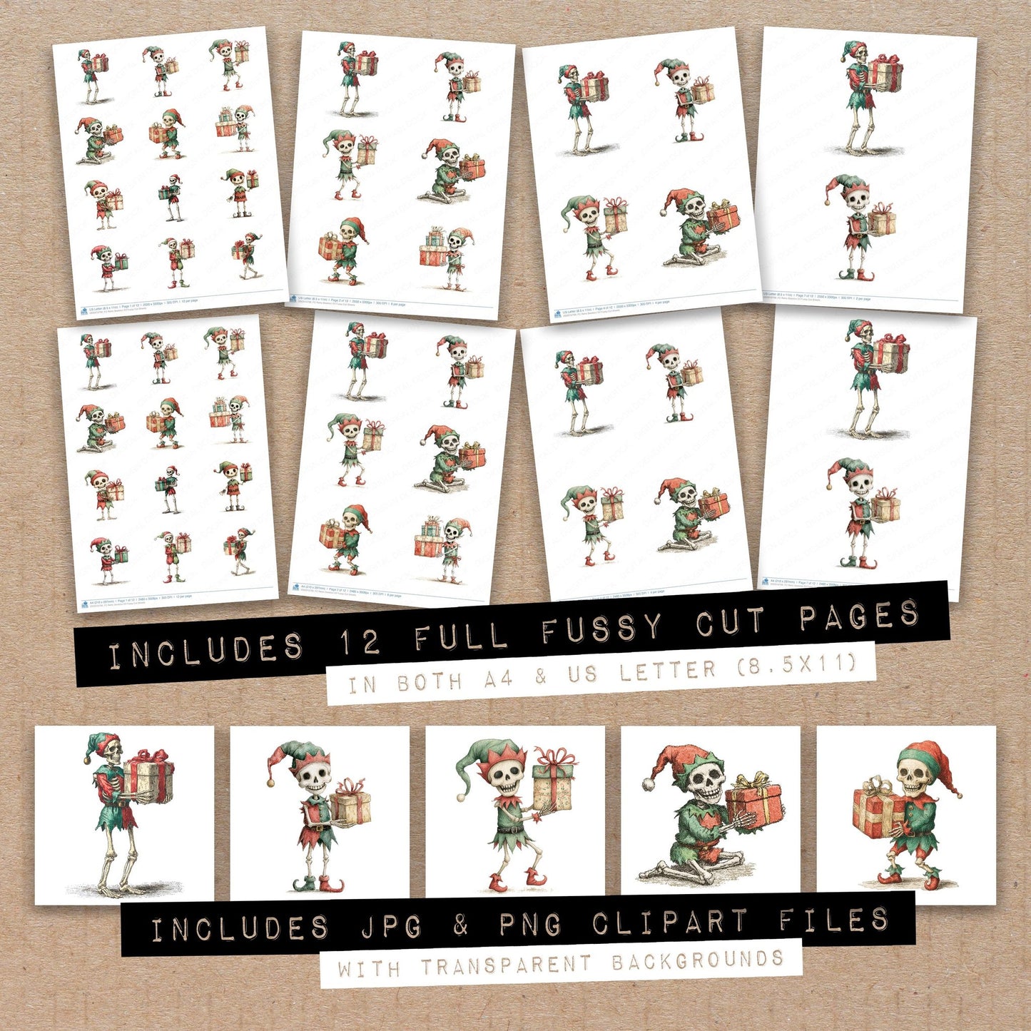 Full collection view of Retro Skeleton Elf fussy cut sheets with bonus clipart JPG and PNG files