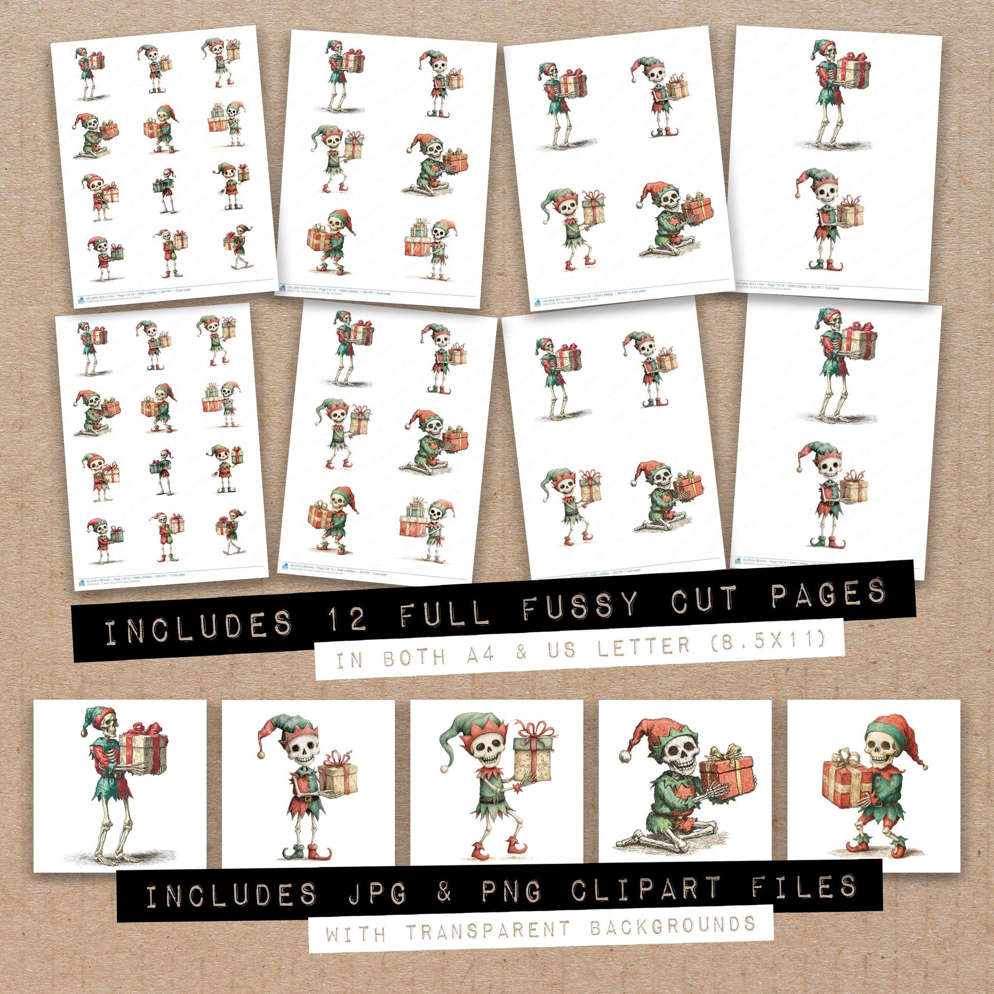 Full collection view of Retro Skeleton Elf fussy cut sheets with bonus clipart JPG and PNG files