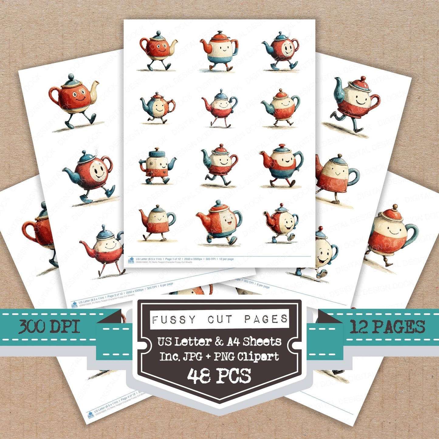 Retro Teapot Character Fussy Cut Sheets (DDD010800)