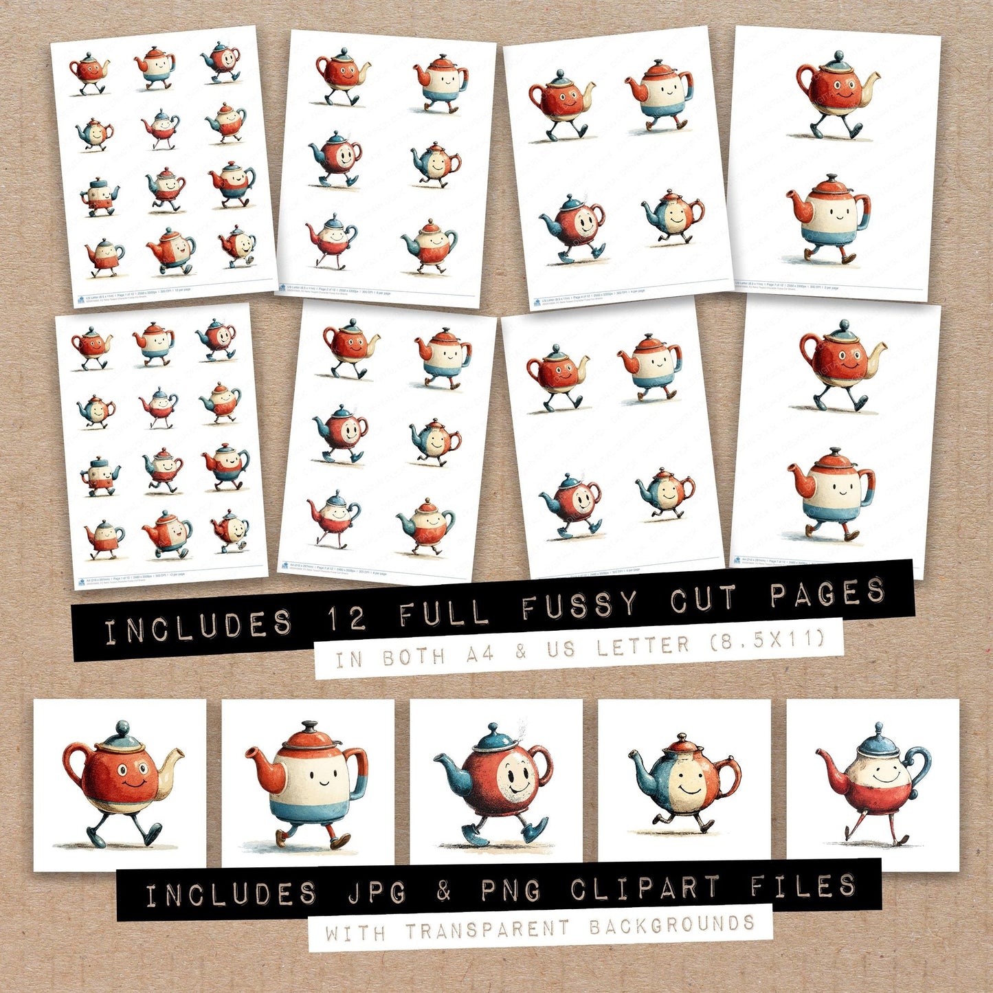 Retro Teapot Character Fussy Cut Sheets (DDD010800)