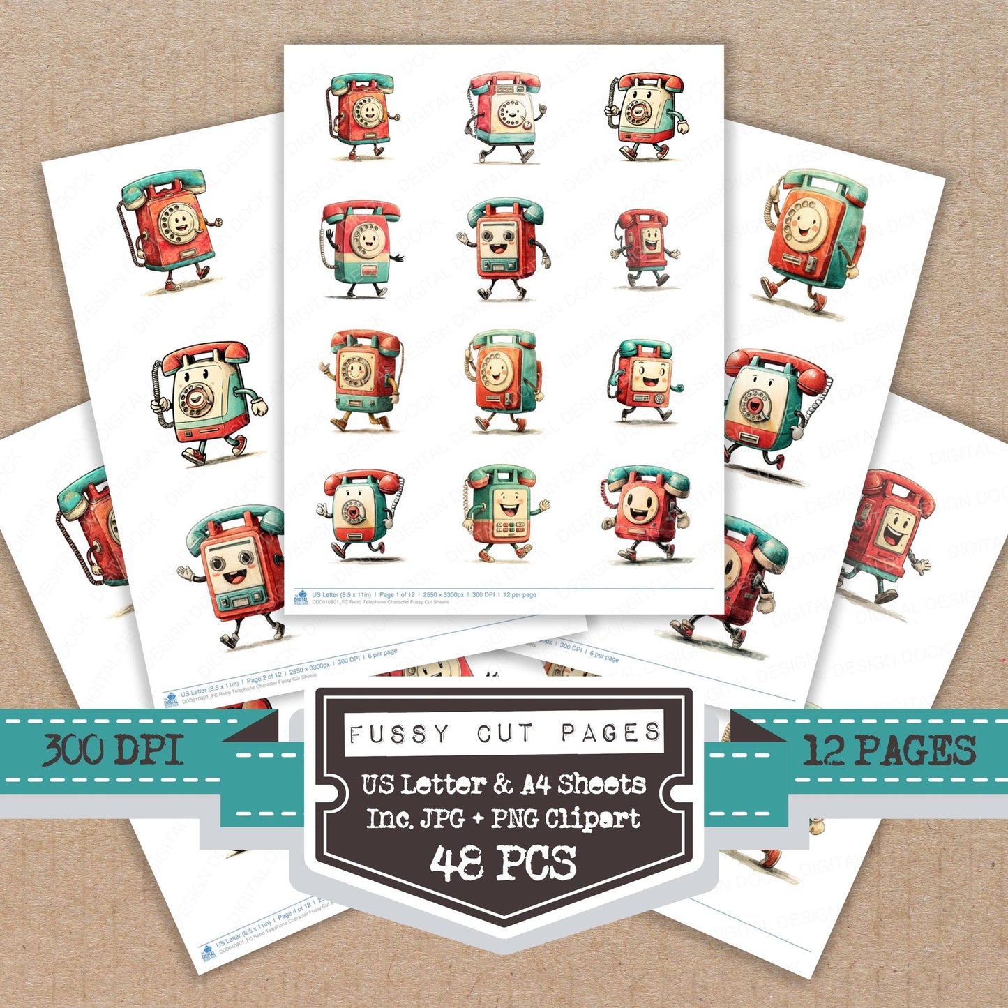 Retro Telephone Character fussy cut printable sheets for junk journaling, scrapbooking, and paper craft projects