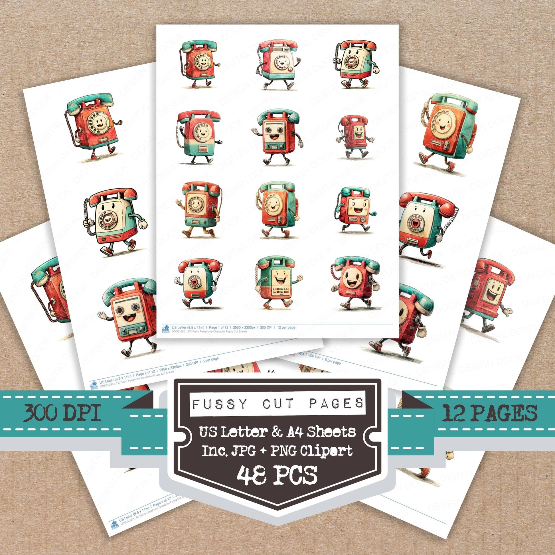 Retro Telephone Character fussy cut printable sheets for junk journaling, scrapbooking, and paper craft projects