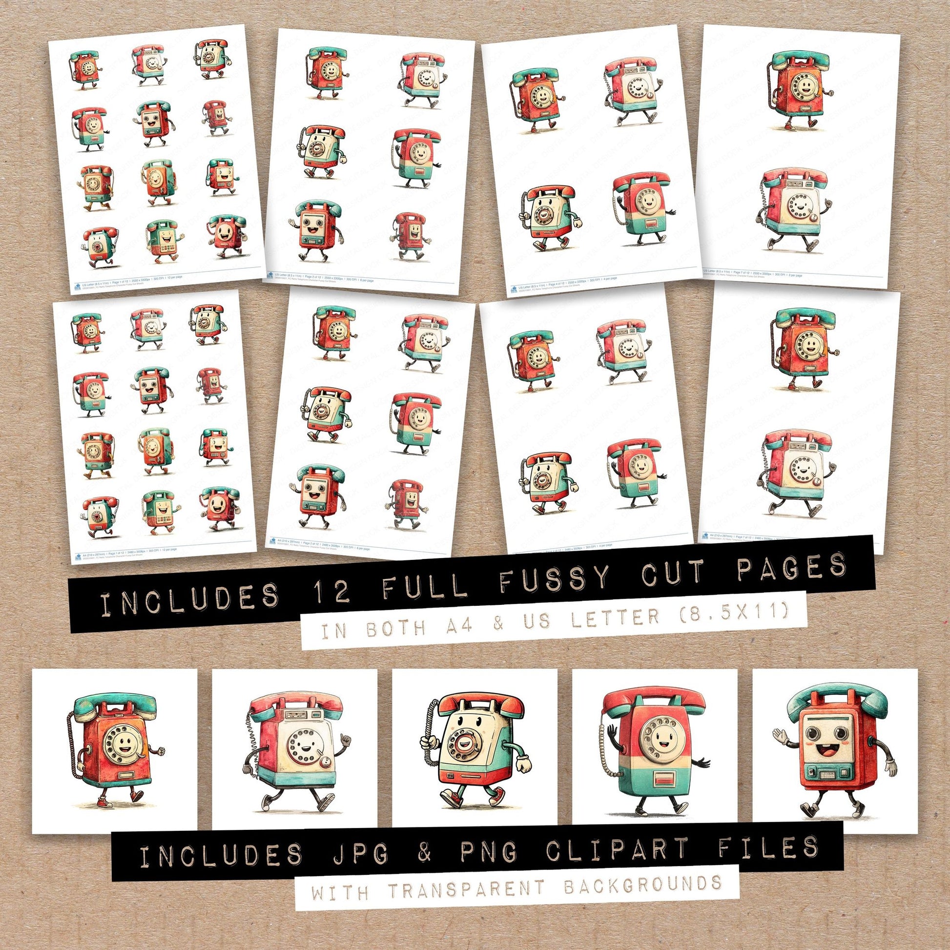Full collection view of Retro Telephone Character fussy cut sheets with bonus clipart JPG and PNG files
