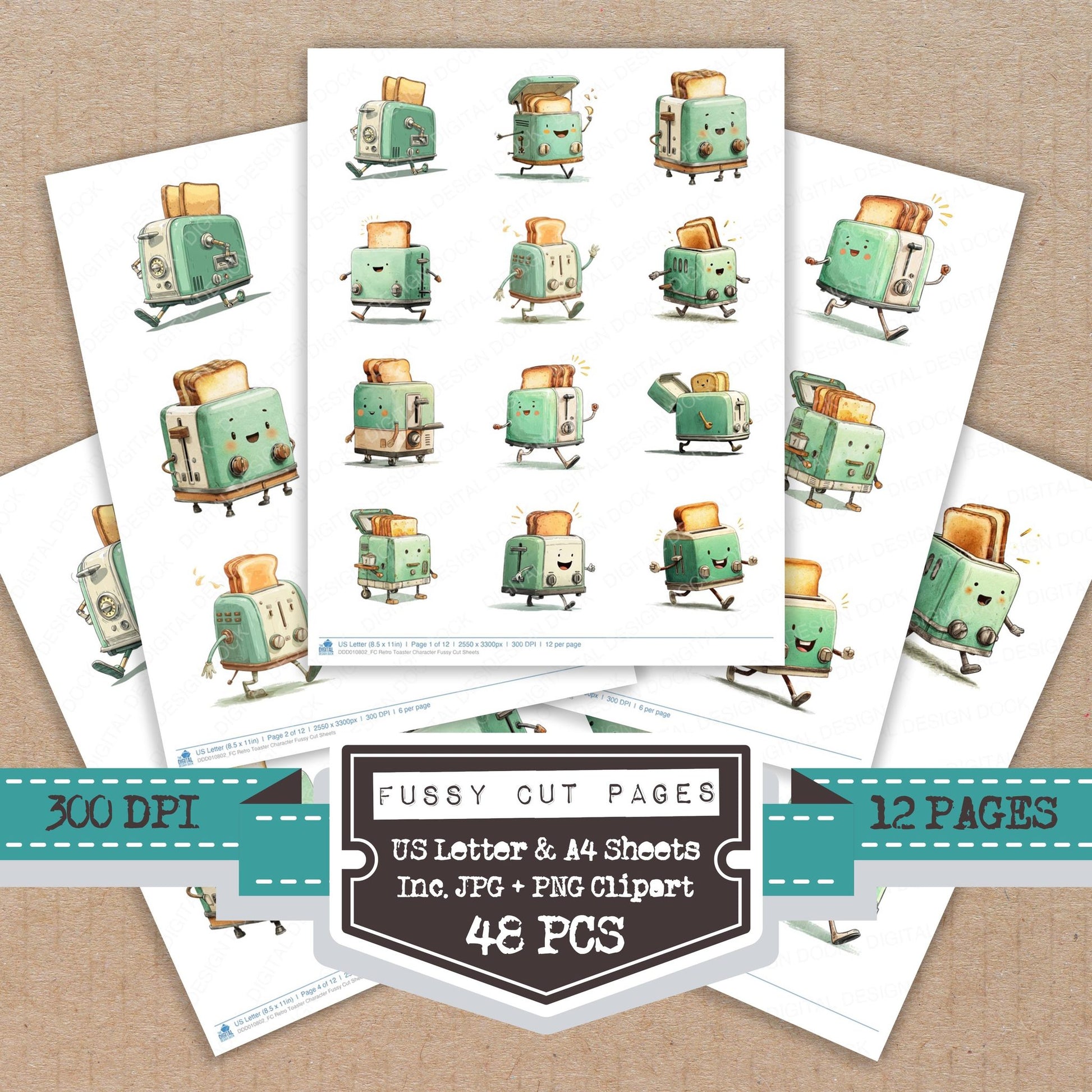 Retro Toaster Character fussy cut printable sheets for junk journaling, scrapbooking, and paper craft projects