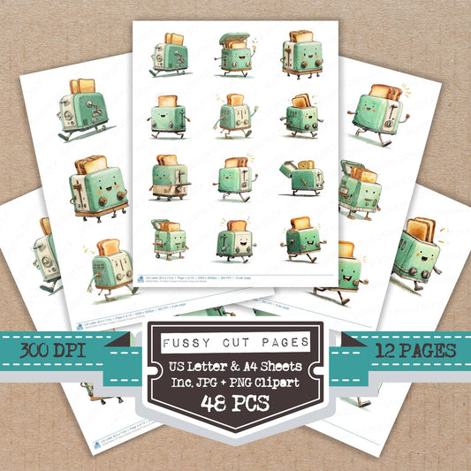Retro Toaster Character fussy cut printable sheets for junk journaling, scrapbooking, and paper craft projects