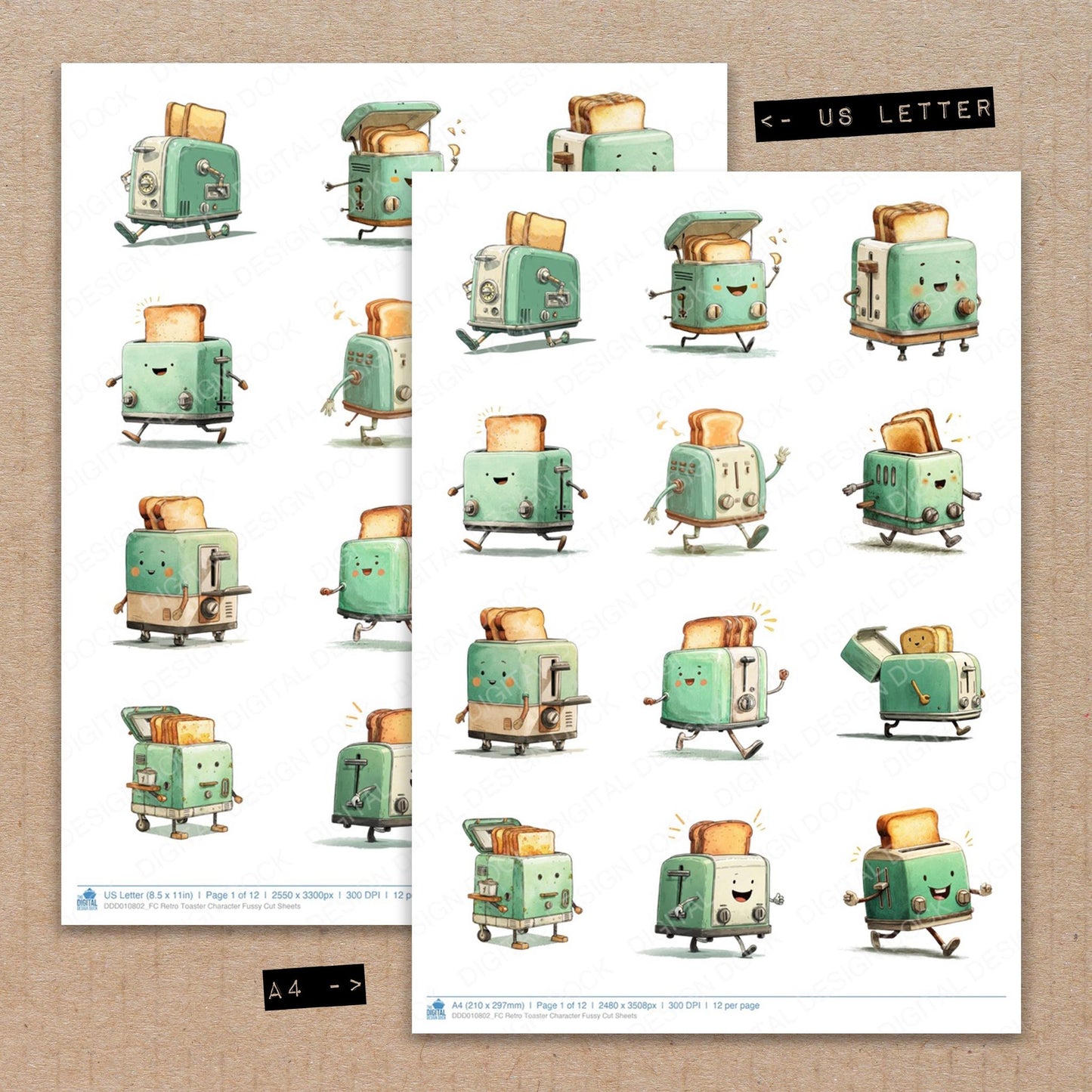 A4 and US Letter format comparison showing Retro Toaster Character fussy cut pages for print and cut crafting