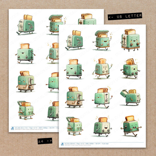 A4 and US Letter format comparison showing Retro Toaster Character fussy cut pages for print and cut crafting