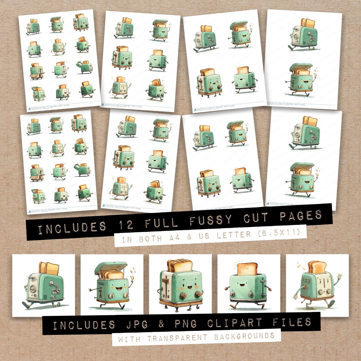 Full collection view of Retro Toaster Character fussy cut sheets with bonus clipart JPG and PNG files
