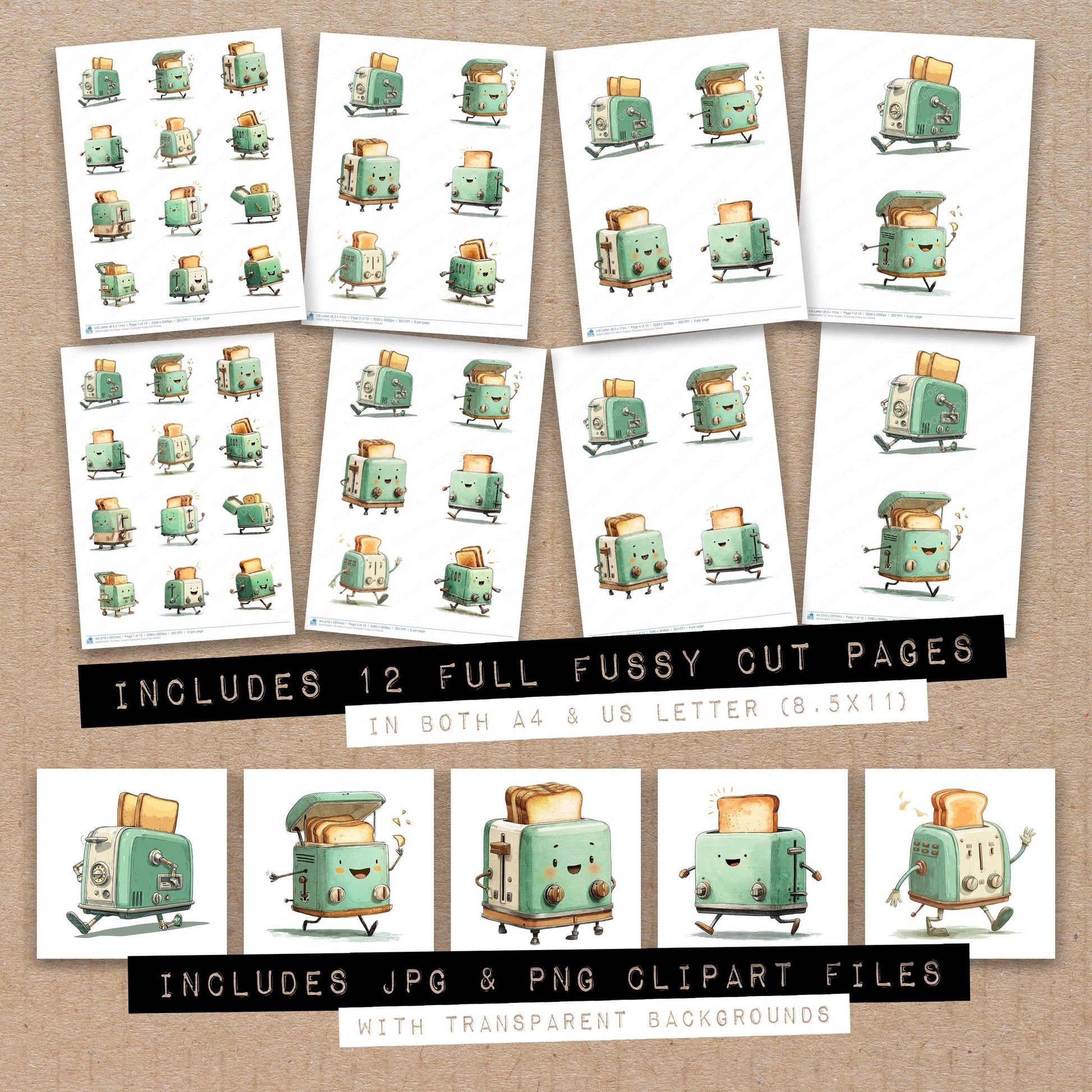 Full collection view of Retro Toaster Character fussy cut sheets with bonus clipart JPG and PNG files