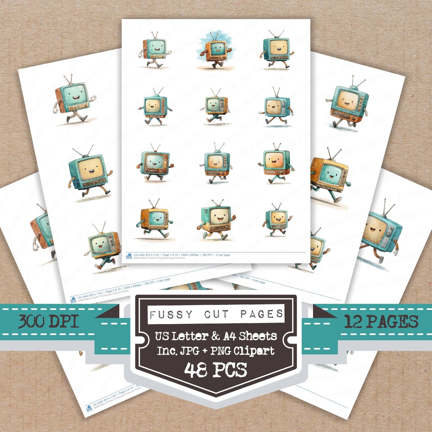 Retro TV Character fussy cut printable sheets for junk journaling, scrapbooking, and paper craft projects