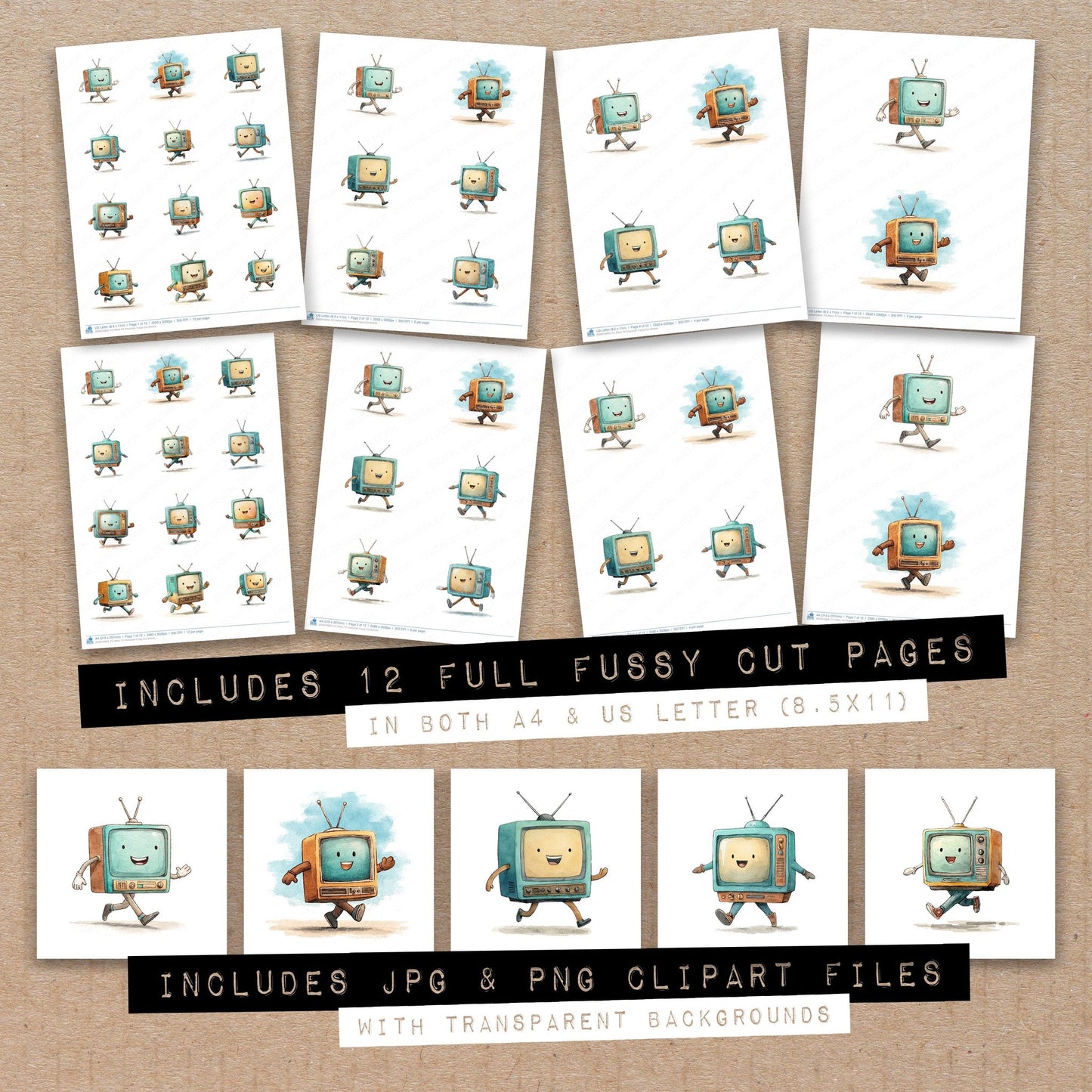 Full collection view of Retro TV Character fussy cut sheets with bonus clipart JPG and PNG files