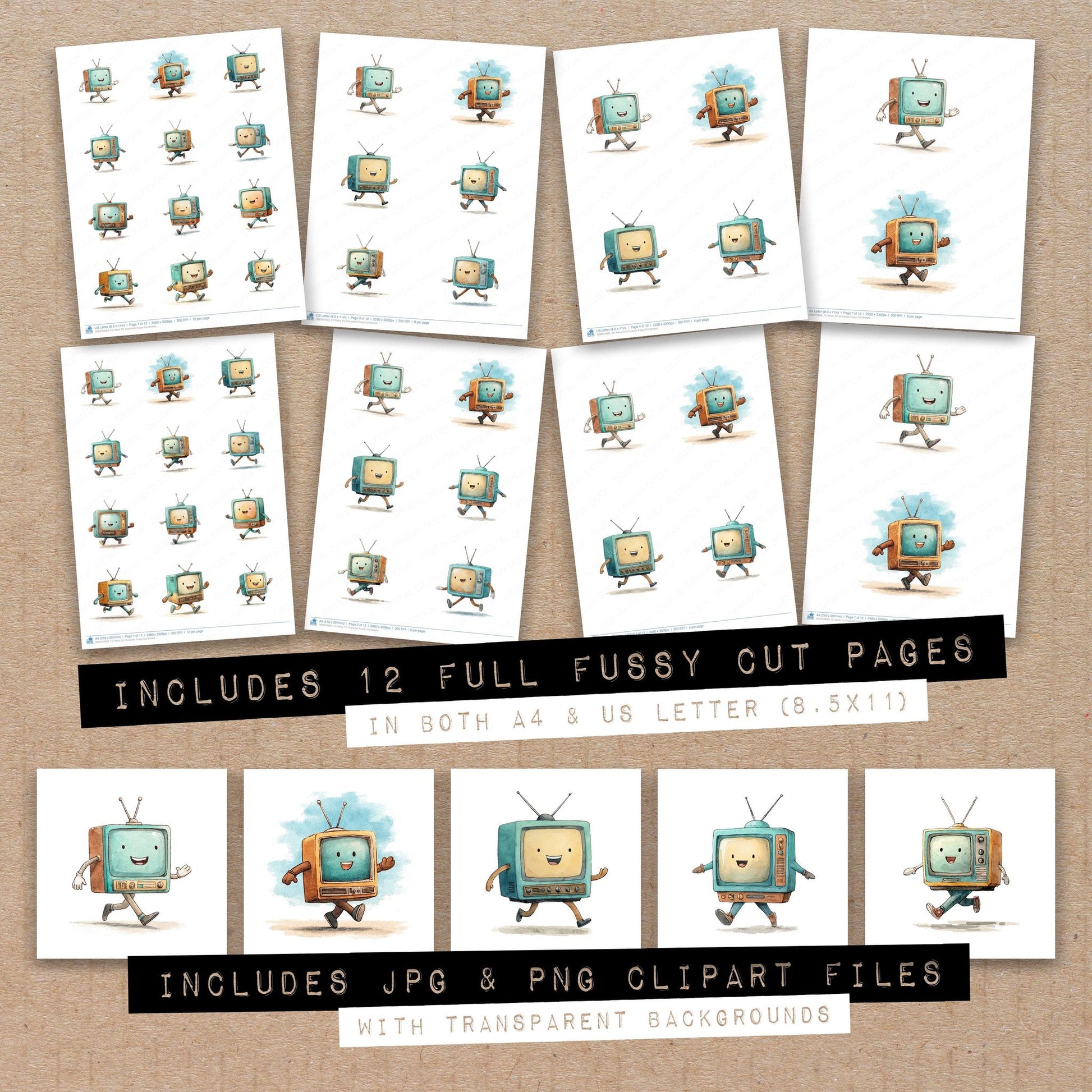 Full collection view of Retro TV Character fussy cut sheets with bonus clipart JPG and PNG files