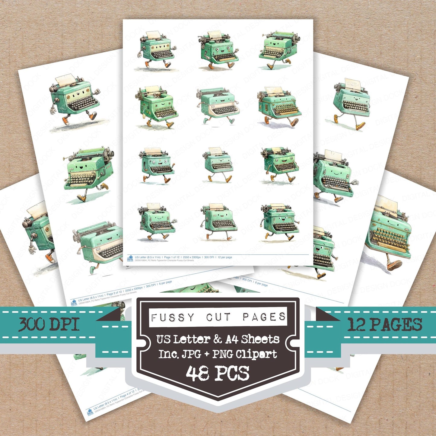 Retro Typewriter Character fussy cut printable sheets for junk journaling, scrapbooking, and paper craft projects