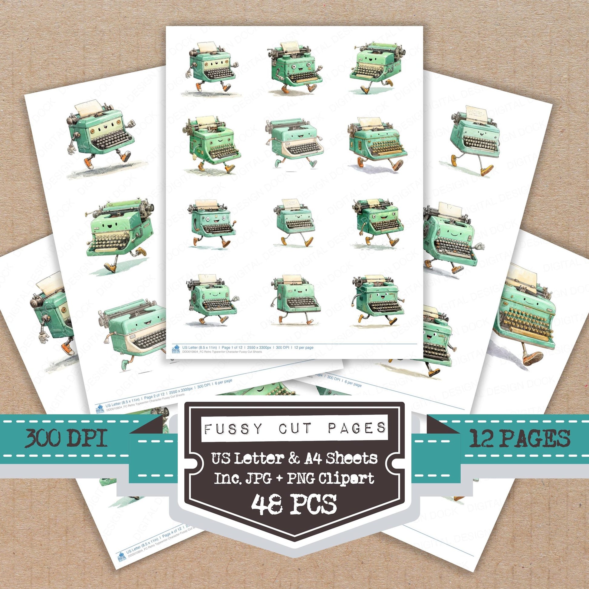 Retro Typewriter Character fussy cut printable sheets for junk journaling, scrapbooking, and paper craft projects