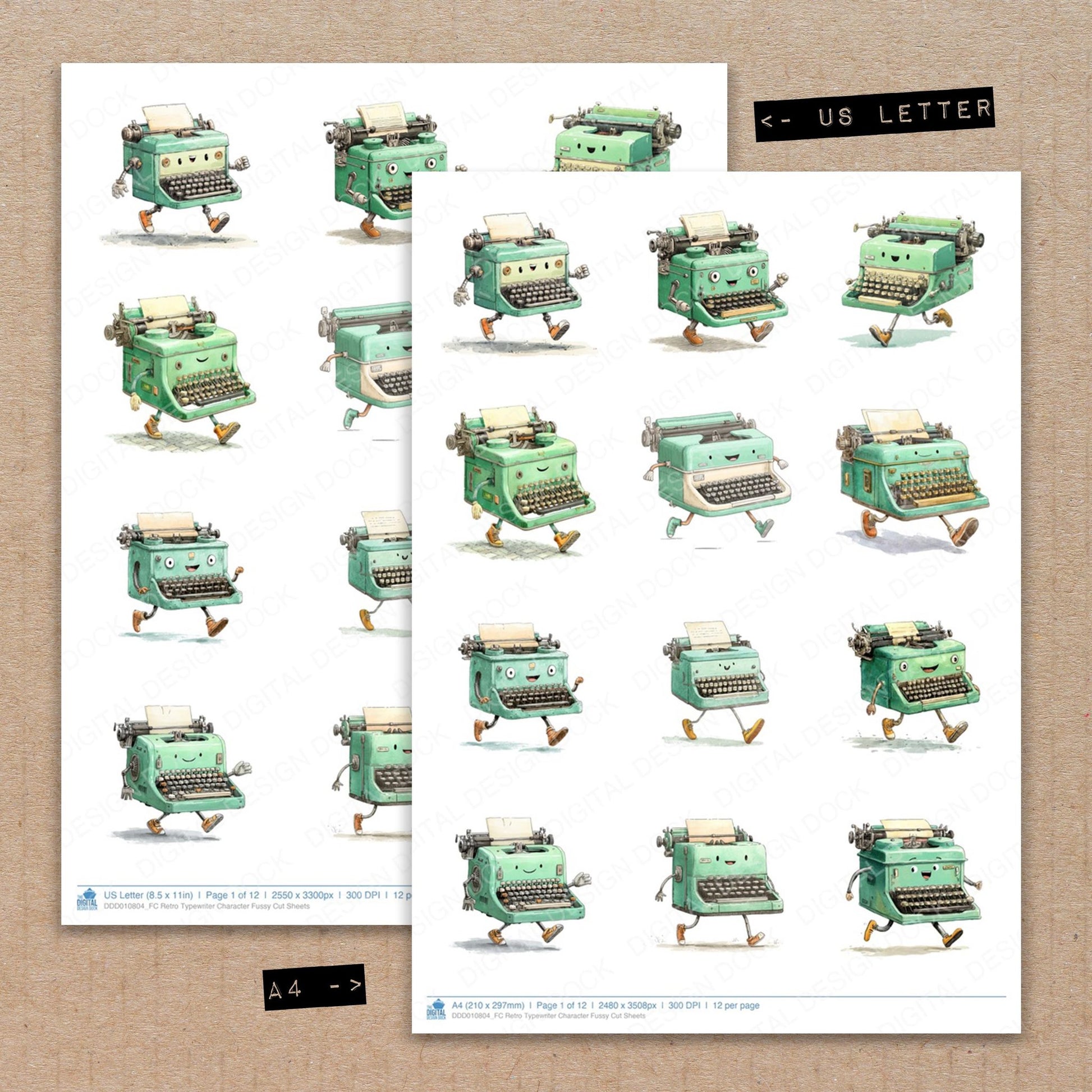 A4 and US Letter format comparison showing Retro Typewriter Character fussy cut pages for print and cut crafting