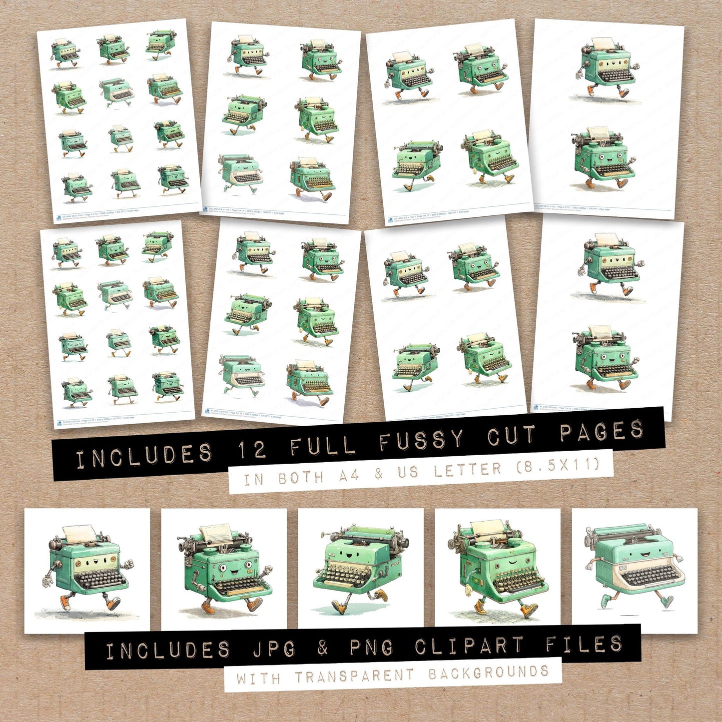 Full collection view of Retro Typewriter Character fussy cut sheets with bonus clipart JPG and PNG files