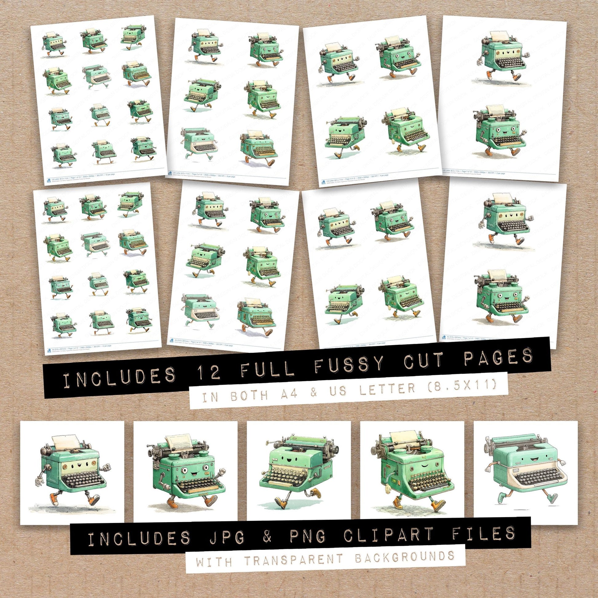 Full collection view of Retro Typewriter Character fussy cut sheets with bonus clipart JPG and PNG files