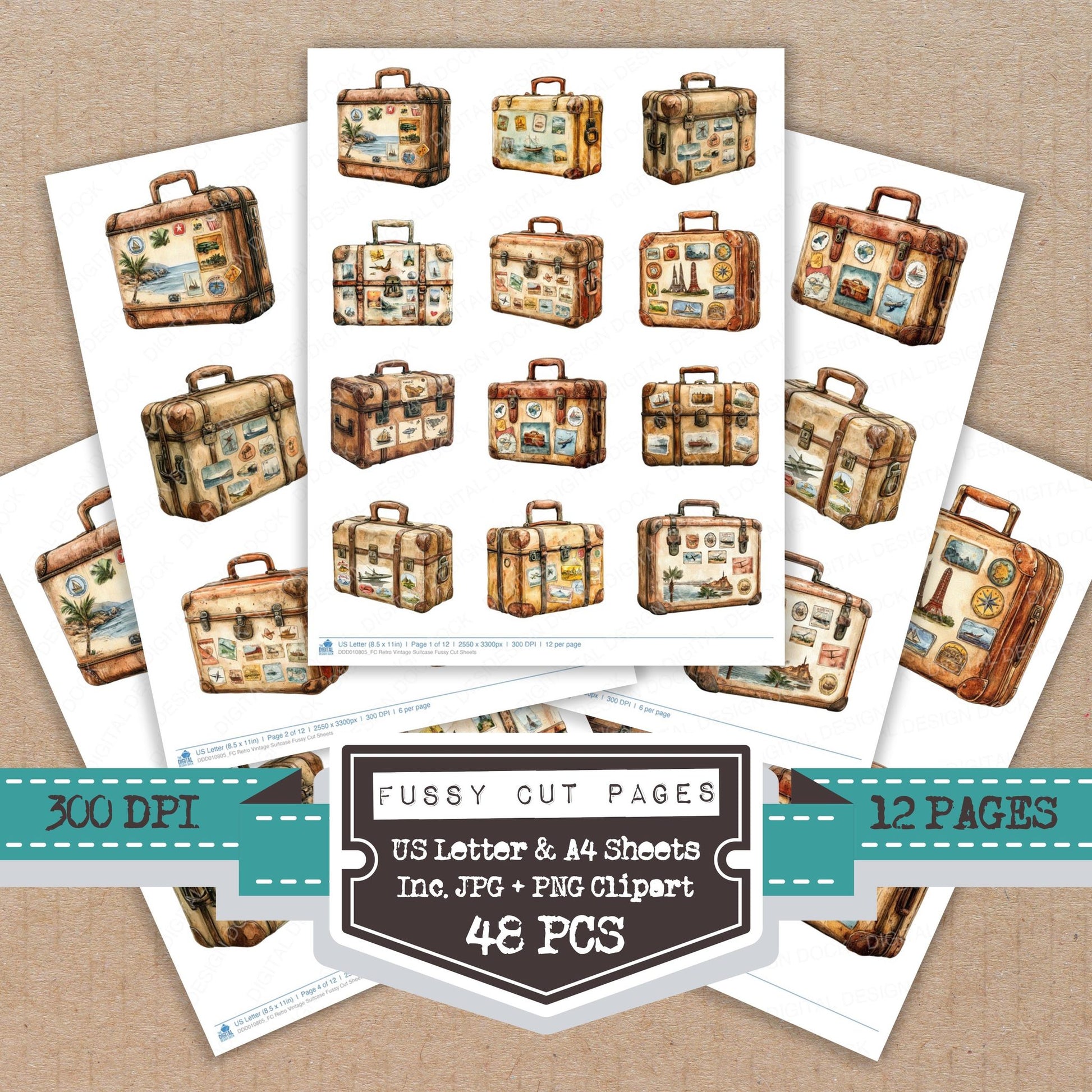 Retro Vintage Suitcase fussy cut printable sheets for junk journaling, scrapbooking, and paper craft projects