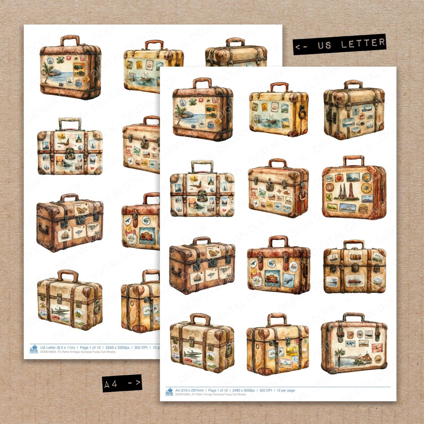 A4 and US Letter format comparison showing Retro Vintage Suitcase fussy cut pages for print and cut crafting