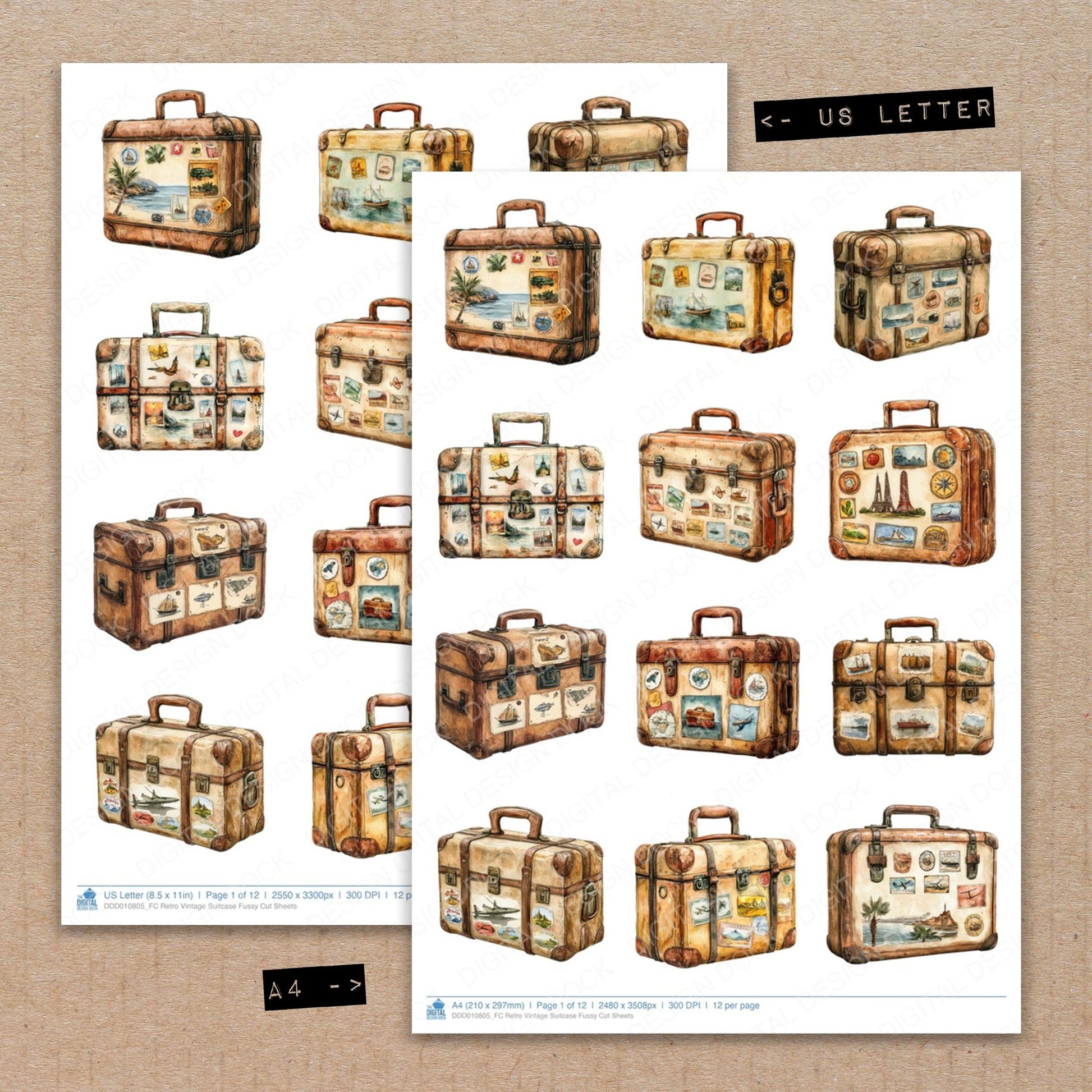 A4 and US Letter format comparison showing Retro Vintage Suitcase fussy cut pages for print and cut crafting