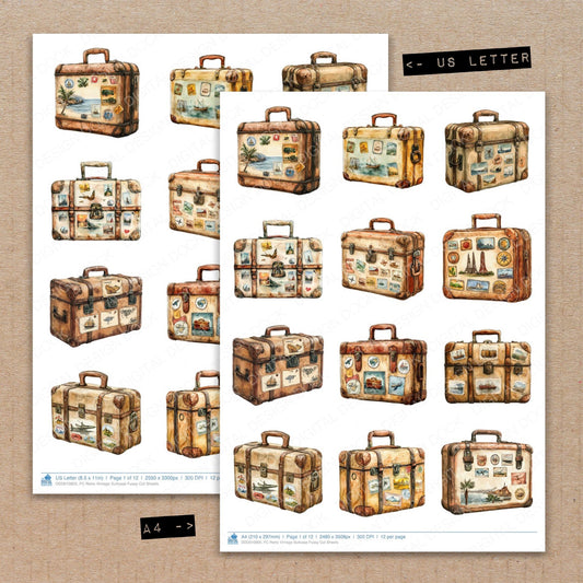 A4 and US Letter format comparison showing Retro Vintage Suitcase fussy cut pages for print and cut crafting