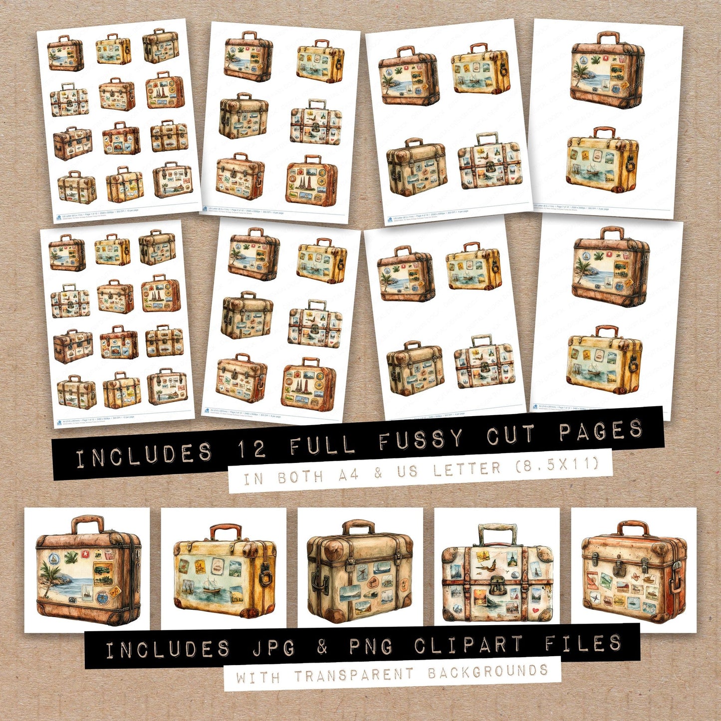 Full collection view of Retro Vintage Suitcase fussy cut sheets with bonus clipart JPG and PNG files