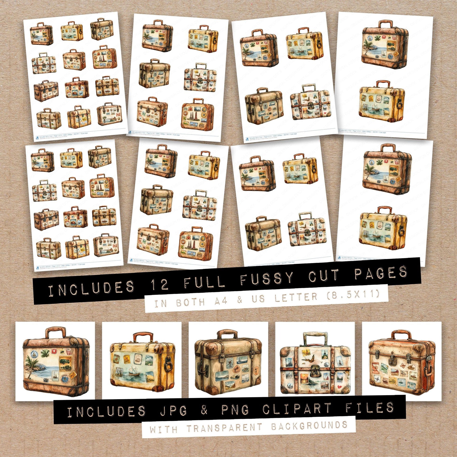 Full collection view of Retro Vintage Suitcase fussy cut sheets with bonus clipart JPG and PNG files