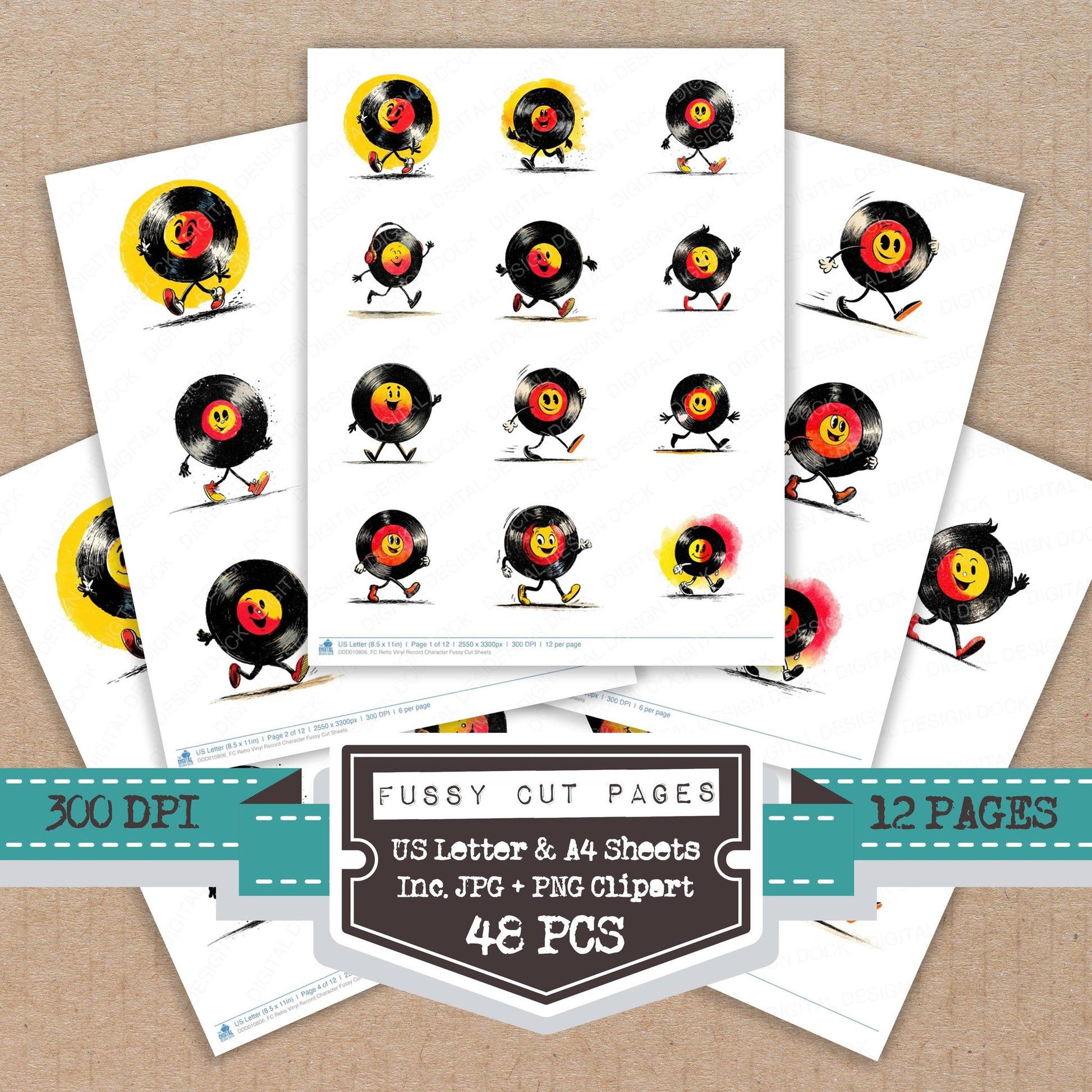 Retro Vinyl Record Character fussy cut printable sheets for junk journaling, scrapbooking, and paper craft projects