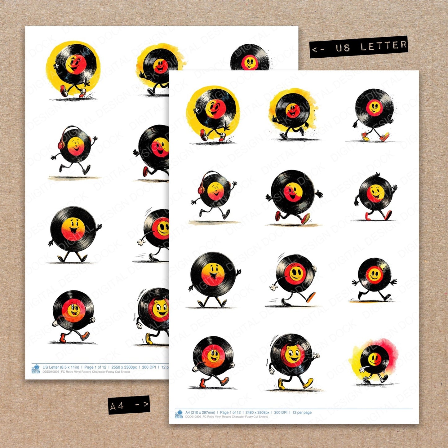 A4 and US Letter format comparison showing Retro Vinyl Record Character fussy cut pages for print and cut crafting