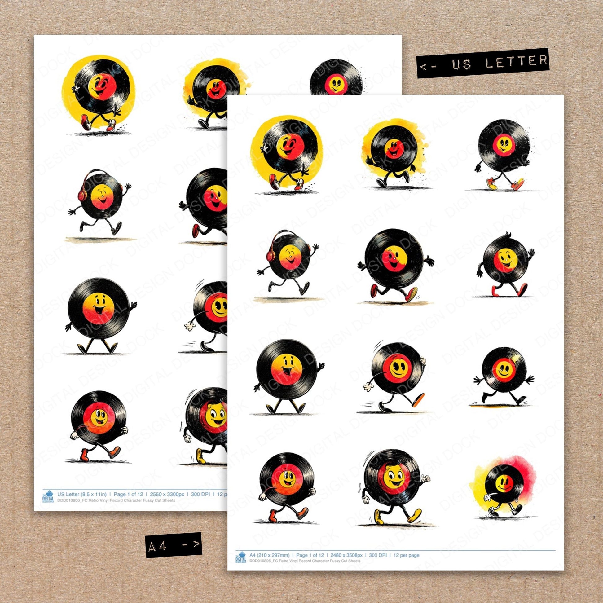 A4 and US Letter format comparison showing Retro Vinyl Record Character fussy cut pages for print and cut crafting