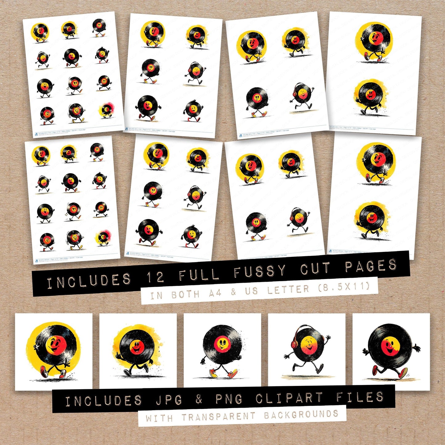 Full collection view of Retro Vinyl Record Character fussy cut sheets with bonus clipart JPG and PNG files