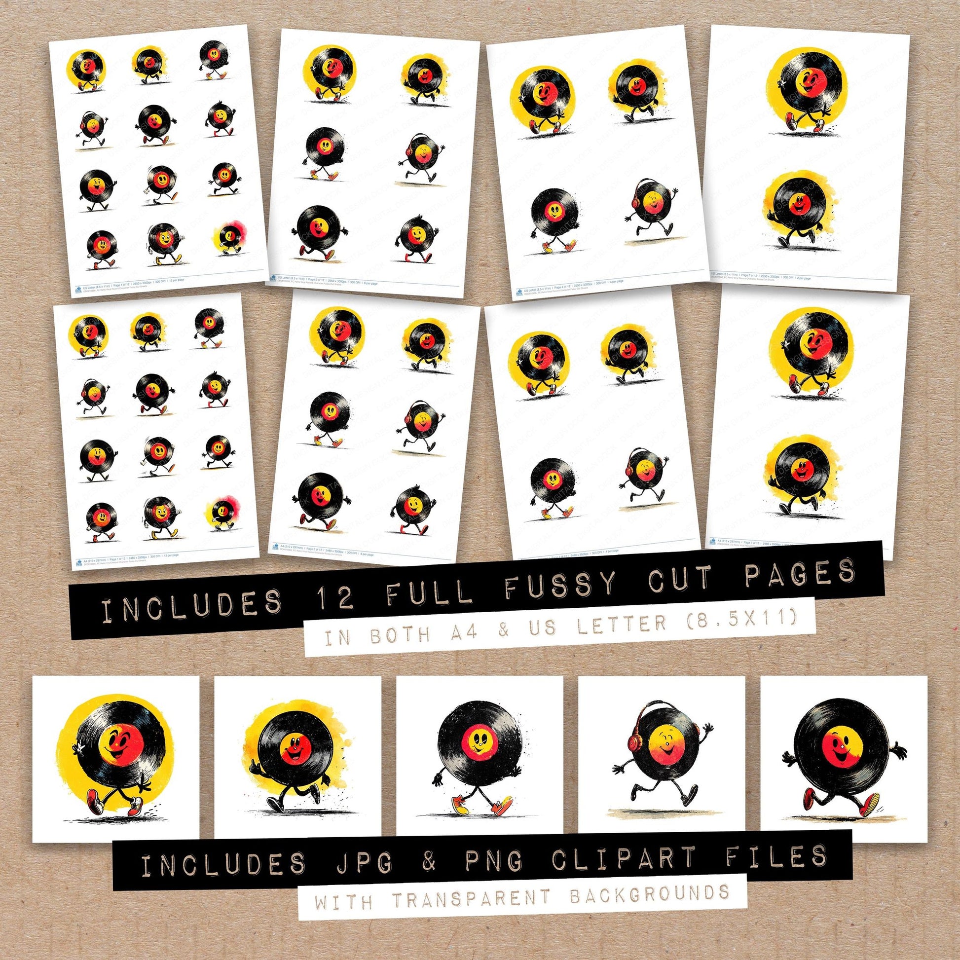 Full collection view of Retro Vinyl Record Character fussy cut sheets with bonus clipart JPG and PNG files