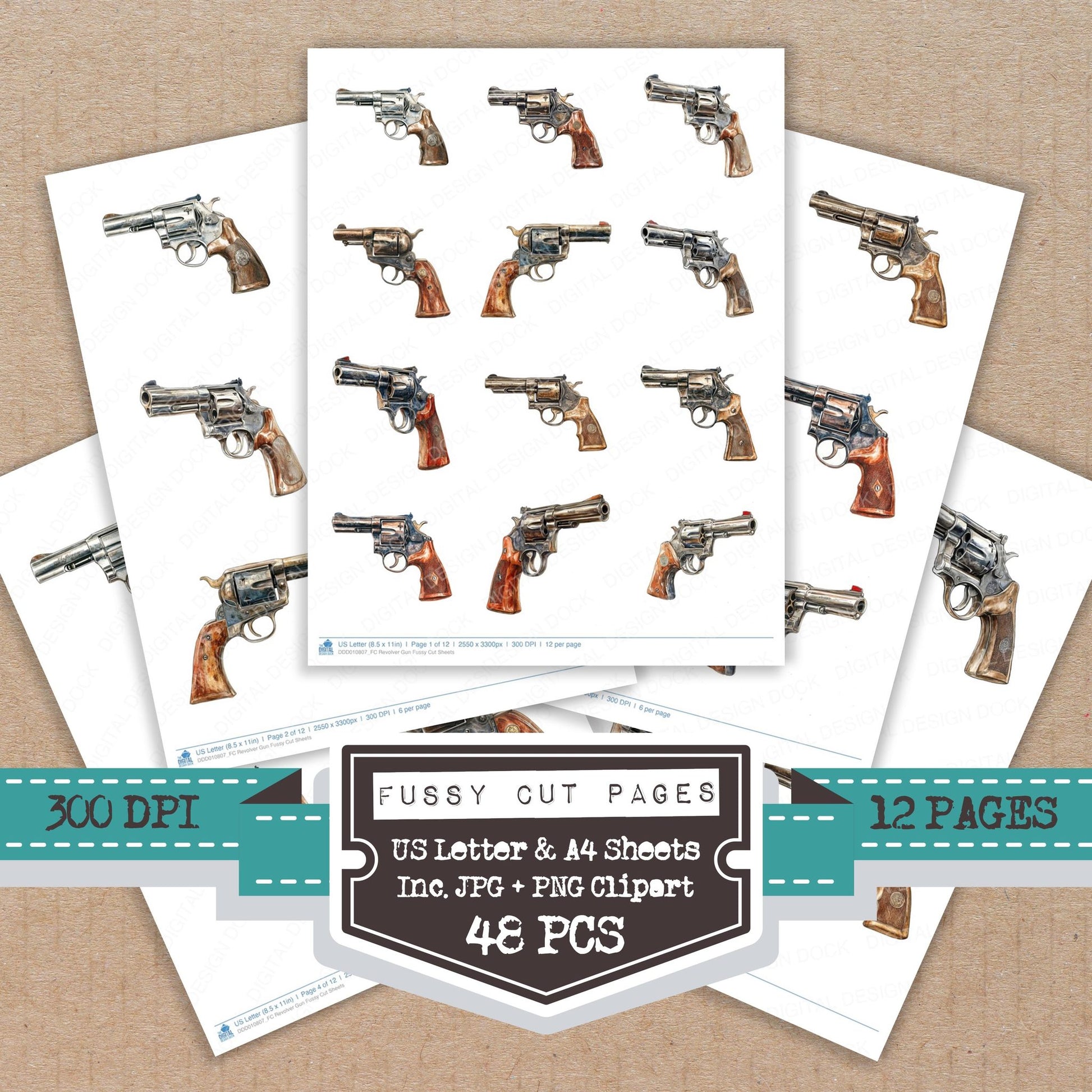 Revolver Gun fussy cut printable sheets for junk journaling, scrapbooking, and paper craft projects