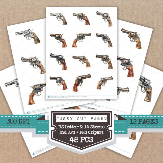 Revolver Gun fussy cut printable sheets for junk journaling, scrapbooking, and paper craft projects