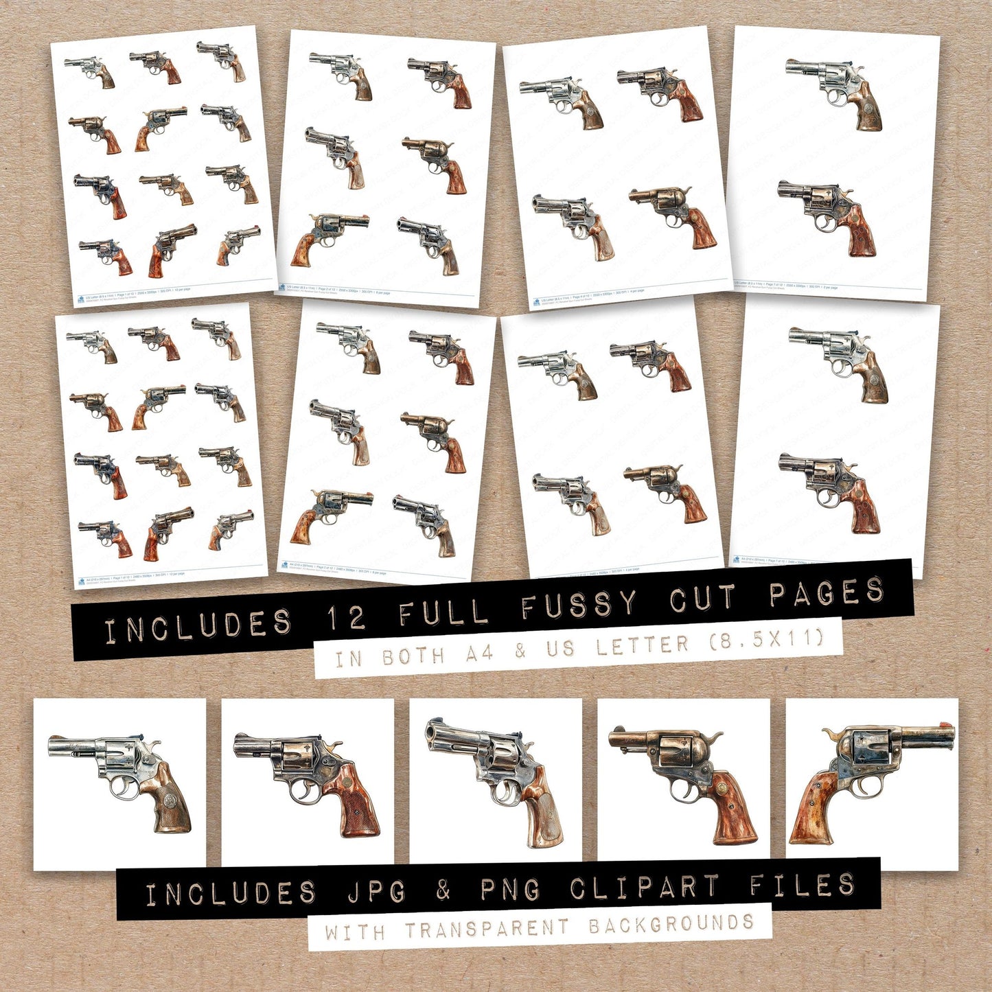 Full collection view of Revolver Gun fussy cut sheets with bonus clipart JPG and PNG files