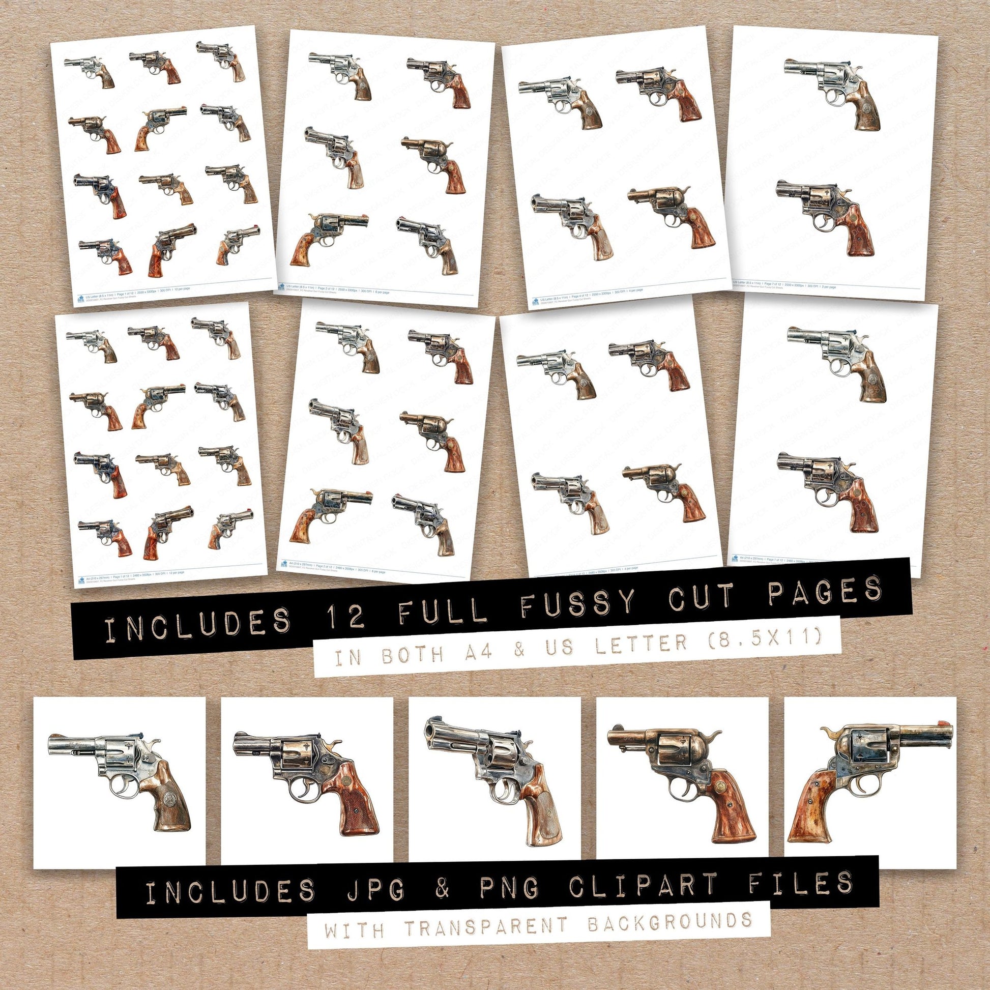 Full collection view of Revolver Gun fussy cut sheets with bonus clipart JPG and PNG files