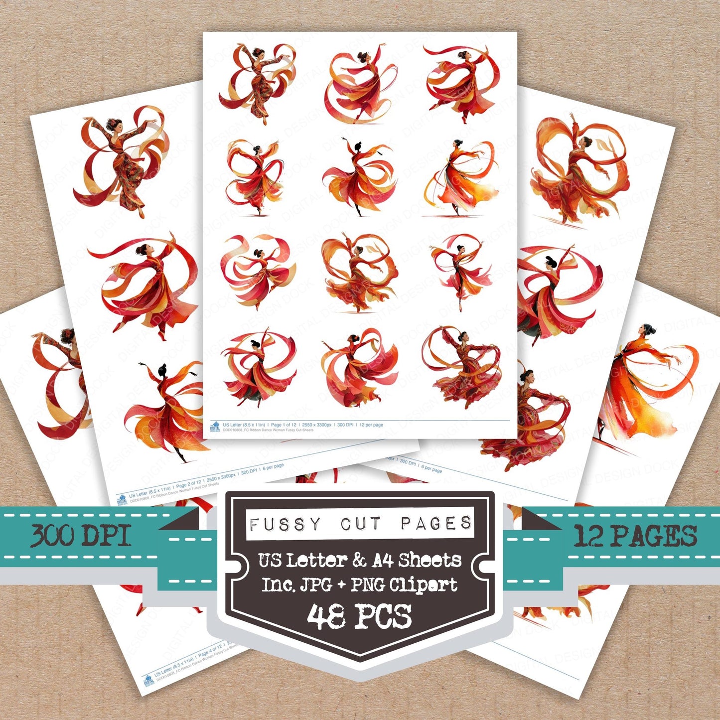 Ribbon Dance Woman fussy cut printable sheets for junk journaling, scrapbooking, and paper craft projects