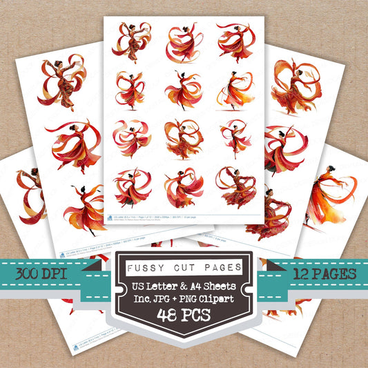 Ribbon Dance Woman fussy cut printable sheets for junk journaling, scrapbooking, and paper craft projects