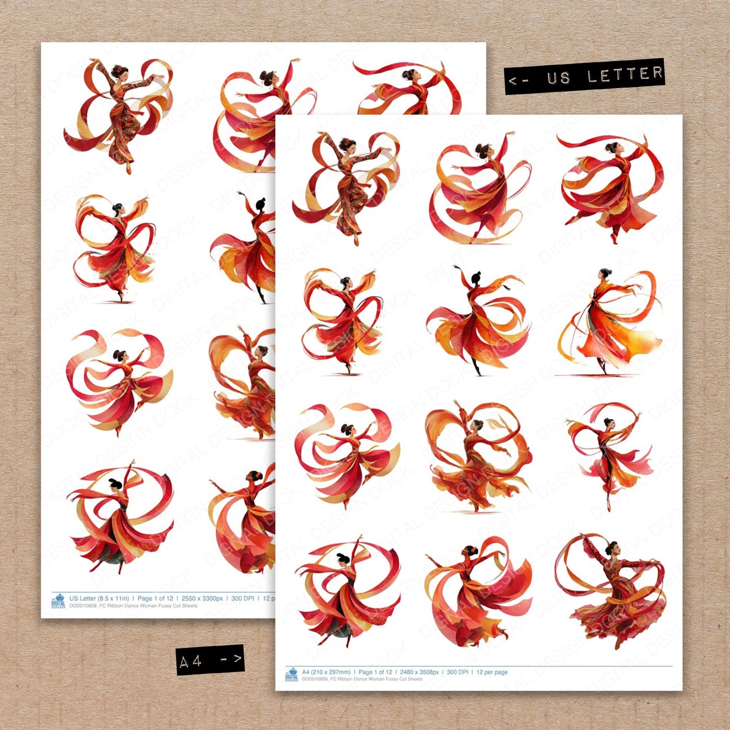 A4 and US Letter format comparison showing Ribbon Dance Woman fussy cut pages for print and cut crafting