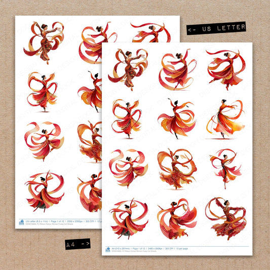 A4 and US Letter format comparison showing Ribbon Dance Woman fussy cut pages for print and cut crafting